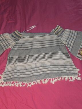 XOXO White & Black Striped Off-Shoulder Tassel-Hem Tunic